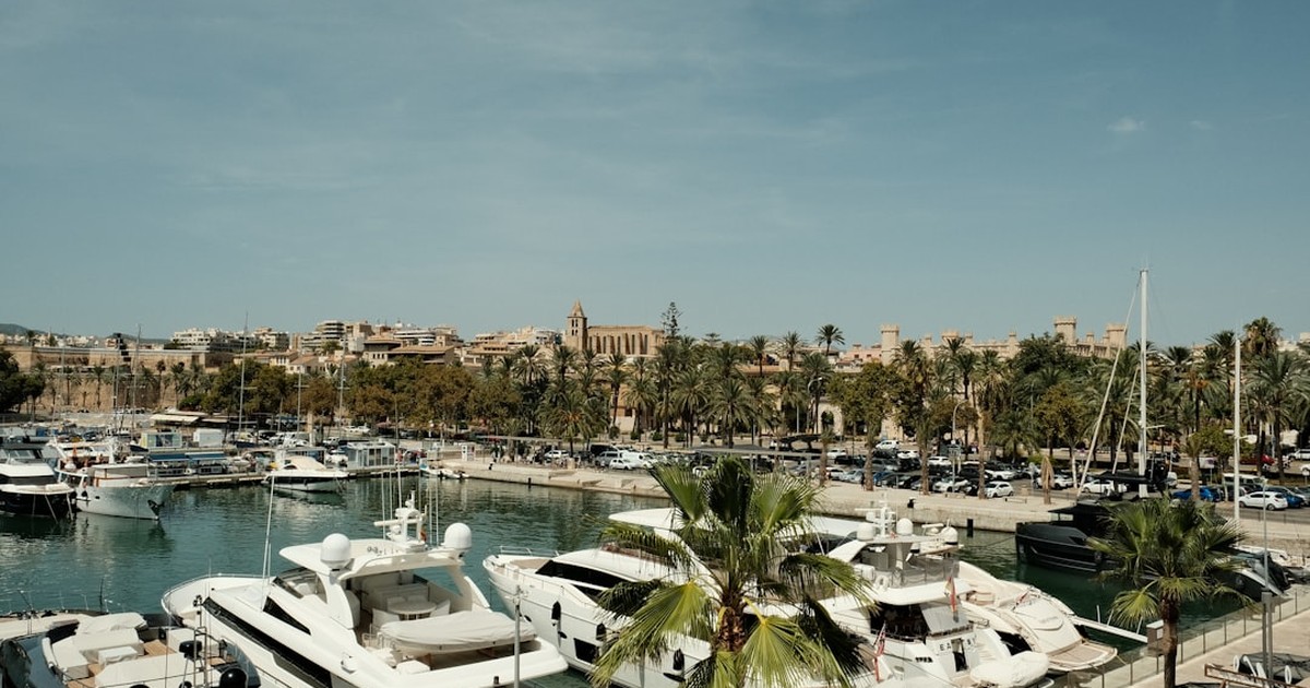 A row of sailing yachts and motorboats moored in a modern Mallorca marina with clear blue water and limestone hills in the background
